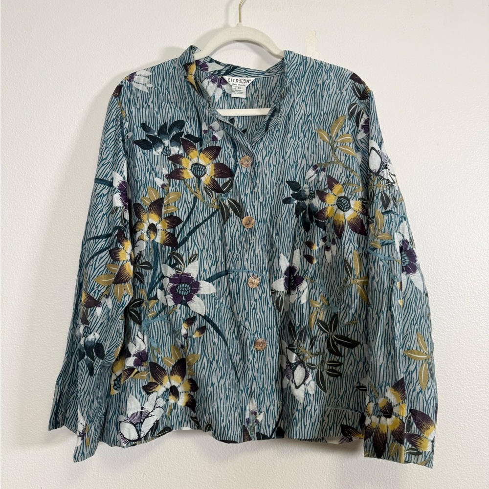 Citron Santa Monica blue floral bamboo mandarin collar top wooden‎ buttons Sz 2X